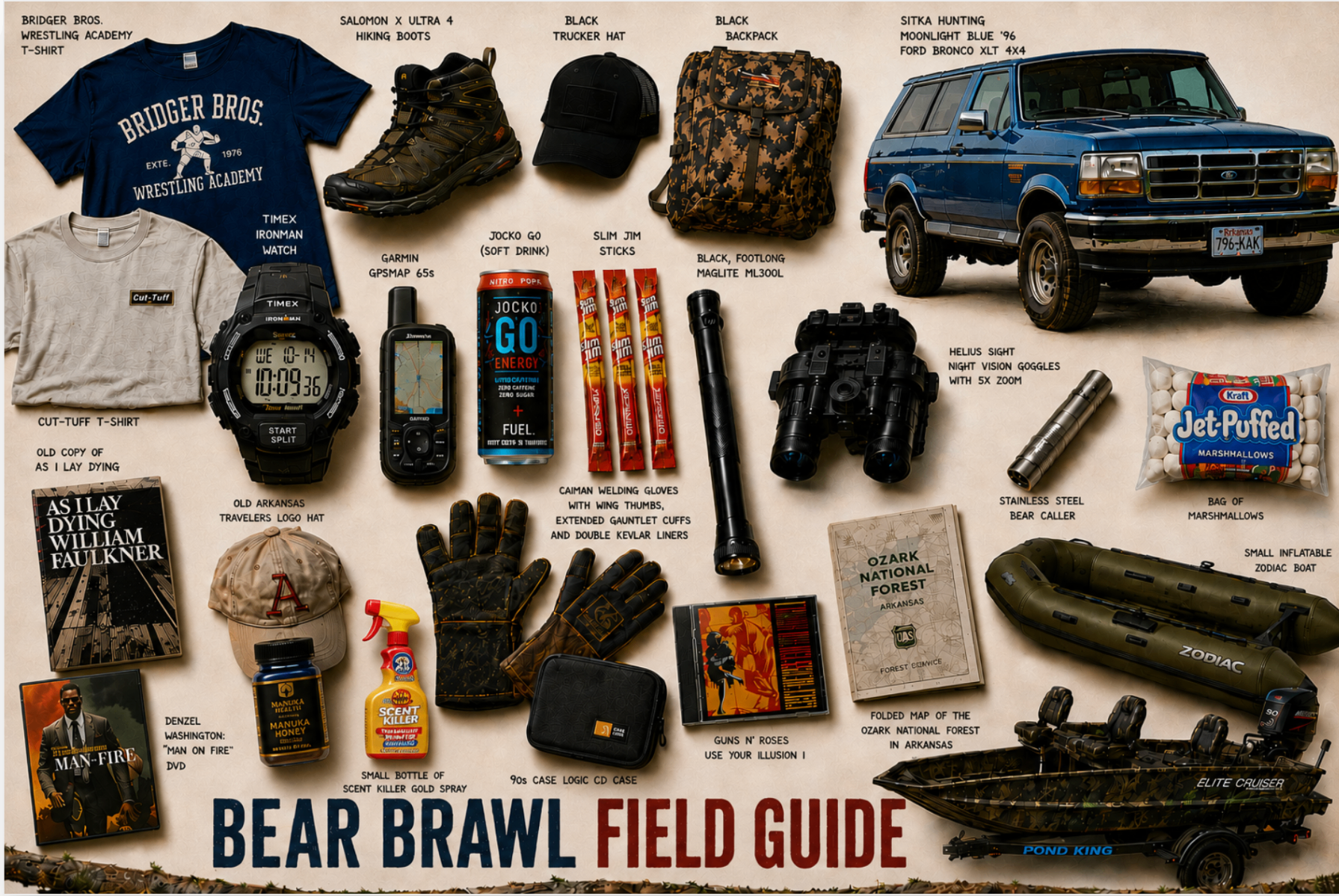 Bear Brawl Field Guide — illustrated catalog of gear, vehicles, books, and pop-culture references from the novel